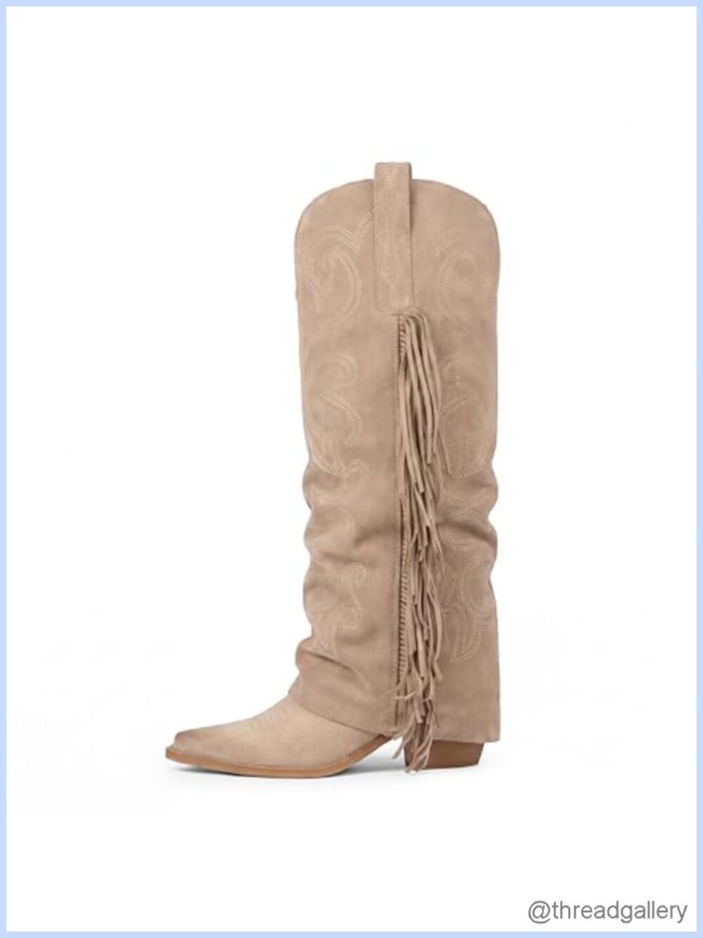 Fold Over Fringe Western Cowboy Knee High Boots Block Heel